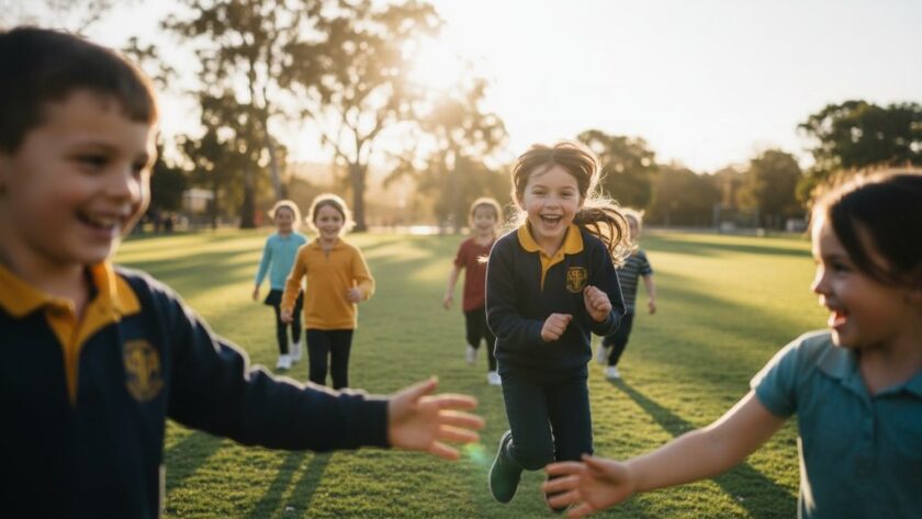 Vibrant, sunlit close-up of a diverse group of primary school children in Newborough, Victoria, laughing joyfully together on a school playground, expertly captured for Newborough school photography, embodying genuine student joy with dramatic backlighting and professional colour grading.