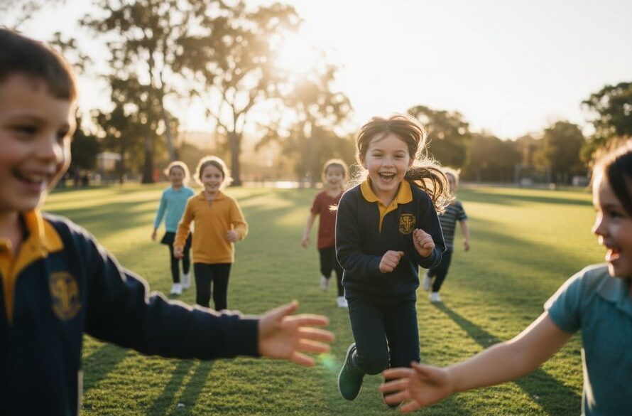 Vibrant, sunlit close-up of a diverse group of primary school children in Newborough, Victoria, laughing joyfully together on a school playground, expertly captured for Newborough school photography, embodying genuine student joy with dramatic backlighting and professional colour grading.
