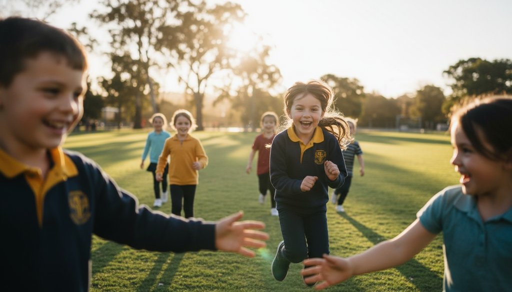 Vibrant, sunlit close-up of a diverse group of primary school children in Newborough, Victoria, laughing joyfully together on a school playground, expertly captured for Newborough school photography, embodying genuine student joy with dramatic backlighting and professional colour grading.