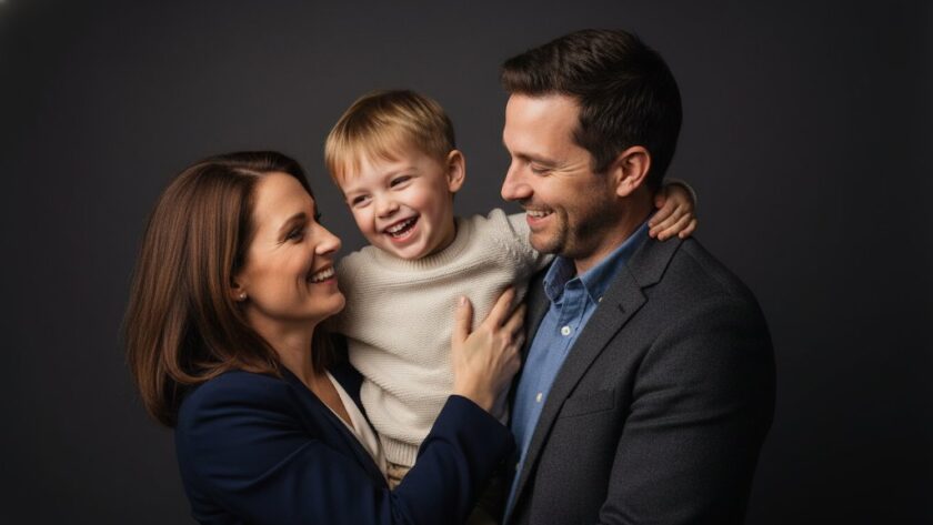 An emotionally charged, professionally colour-graded photograph capturing a joyful family moment during a Newborough studio family portraits timeless art session. A child playfully reaches for their parent in soft, dramatic studio lighting, creating a tender, cinematic heirloom image.