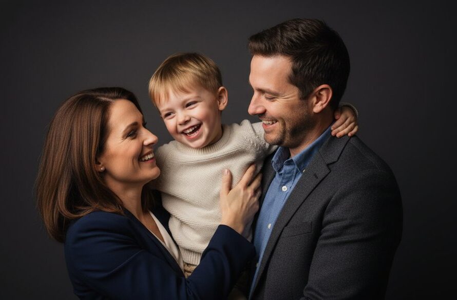 An emotionally charged, professionally colour-graded photograph capturing a joyful family moment during a Newborough studio family portraits timeless art session. A child playfully reaches for their parent in soft, dramatic studio lighting, creating a tender, cinematic heirloom image.