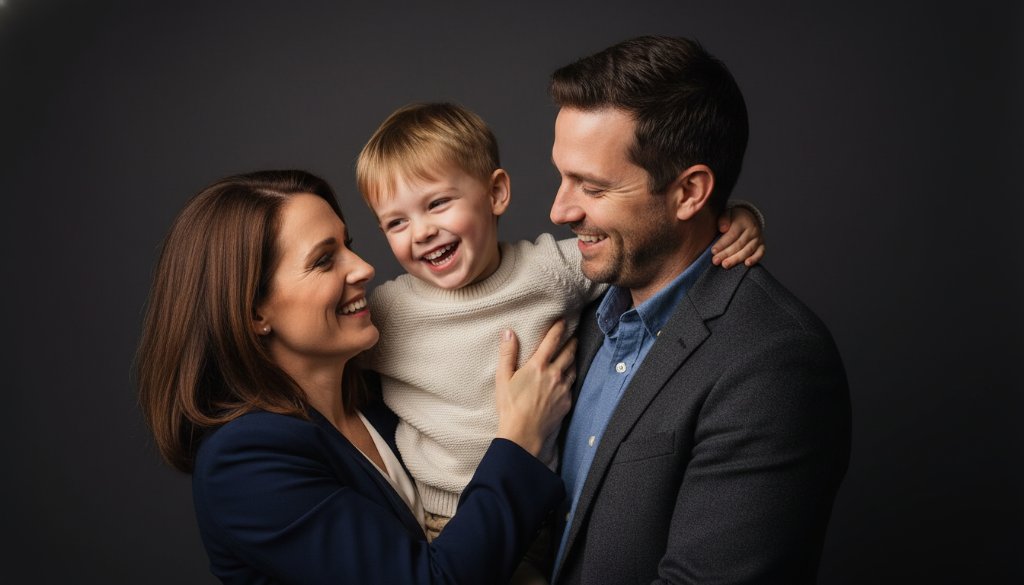 An emotionally charged, professionally colour-graded photograph capturing a joyful family moment during a Newborough studio family portraits timeless art session. A child playfully reaches for their parent in soft, dramatic studio lighting, creating a tender, cinematic heirloom image.