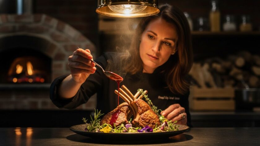 A dramatic close-up capturing a chef meticulously plating a vibrant, locally-sourced dessert in a rustic Newborough, Victoria restaurant kitchen, showcasing Newborough Victoria culinary photography excellence with a shallow depth of field and warm, inviting lighting.