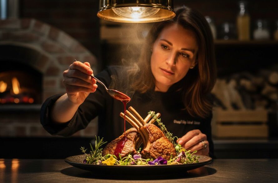 A dramatic close-up capturing a chef meticulously plating a vibrant, locally-sourced dessert in a rustic Newborough, Victoria restaurant kitchen, showcasing Newborough Victoria culinary photography excellence with a shallow depth of field and warm, inviting lighting.