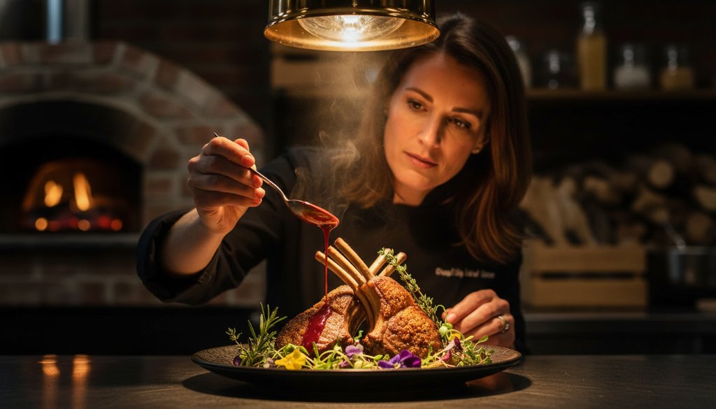 A dramatic close-up capturing a chef meticulously plating a vibrant, locally-sourced dessert in a rustic Newborough, Victoria restaurant kitchen, showcasing Newborough Victoria culinary photography excellence with a shallow depth of field and warm, inviting lighting.