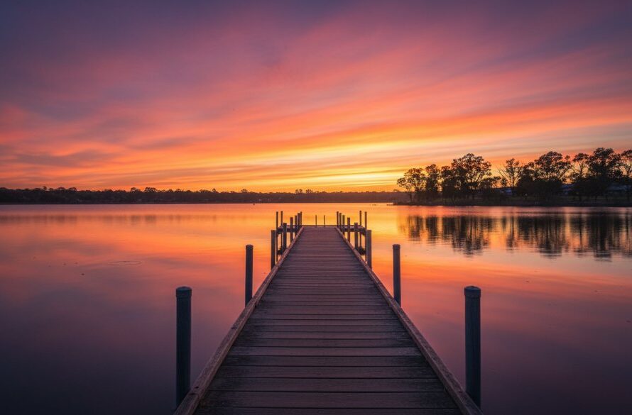 A stunning wide-angle shot of the sun setting over the tranquil Lake Narracan, reflecting dramatic clouds with vibrant orange and purple hues. The foreground features a silhouetted jetty, creating a powerful composition that embodies Newborough Victoria fine art landscape photography, capturing the serene beauty of the region.