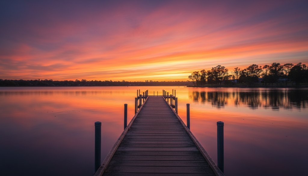 A stunning wide-angle shot of the sun setting over the tranquil Lake Narracan, reflecting dramatic clouds with vibrant orange and purple hues. The foreground features a silhouetted jetty, creating a powerful composition that embodies Newborough Victoria fine art landscape photography, capturing the serene beauty of the region.