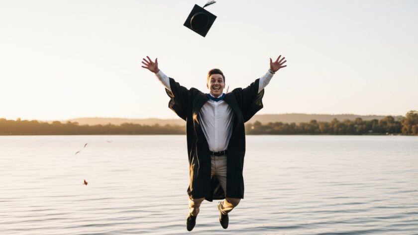 A triumphant graduate in academic regalia, captured mid-air in a celebratory jump, silhouetted against a breathtaking golden hour sunset over Lake Narracan, reflecting the joy of their 'Newborough Victoria graduation photography celebrations.' The scene is professionally lit and colour-graded, exuding an epic, cinematic feel.