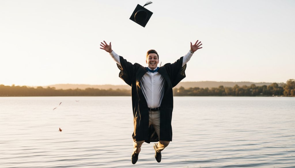A triumphant graduate in academic regalia, captured mid-air in a celebratory jump, silhouetted against a breathtaking golden hour sunset over Lake Narracan, reflecting the joy of their 'Newborough Victoria graduation photography celebrations.' The scene is professionally lit and colour-graded, exuding an epic, cinematic feel.