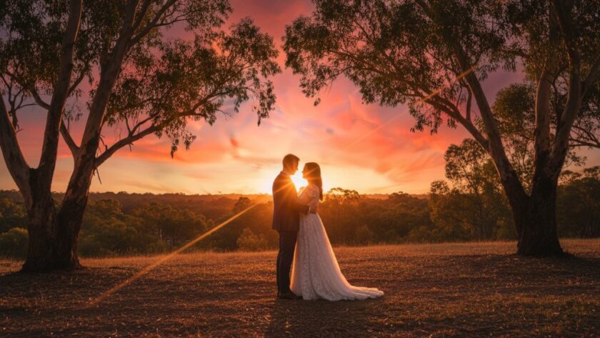 A stunning wide-angle shot capturing a newly married couple embracing at sunset amidst the natural beauty of Newborough, Victoria, showcasing the magic of Newborough Victoria intimate wedding photography, with golden light illuminating their joyful expressions.