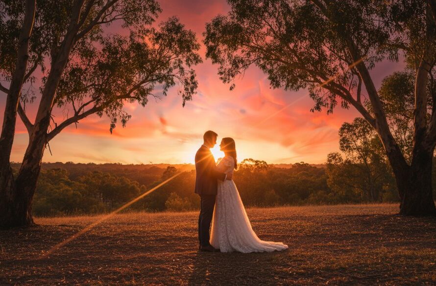 A stunning wide-angle shot capturing a newly married couple embracing at sunset amidst the natural beauty of Newborough, Victoria, showcasing the magic of Newborough Victoria intimate wedding photography, with golden light illuminating their joyful expressions.