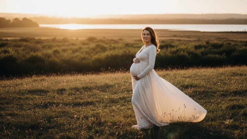 An breathtaking portrait of a radiant mother-to-be during a Newborough Victoria maternity photography outdoor golden hour session, bathed in warm, ethereal light at a scenic Newborough park, with dramatic backlighting highlighting her silhouette and the natural beauty of the landscape.