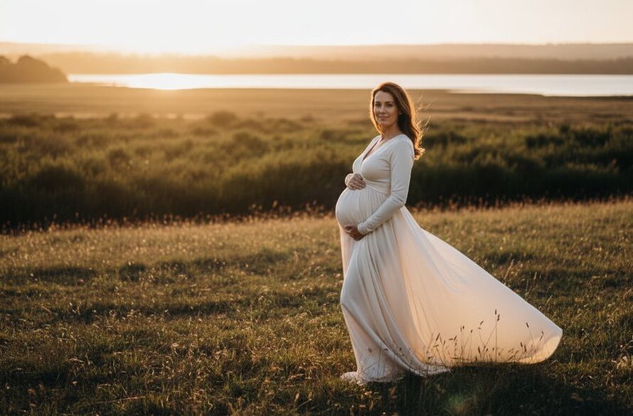 An breathtaking portrait of a radiant mother-to-be during a Newborough Victoria maternity photography outdoor golden hour session, bathed in warm, ethereal light at a scenic Newborough park, with dramatic backlighting highlighting her silhouette and the natural beauty of the landscape.