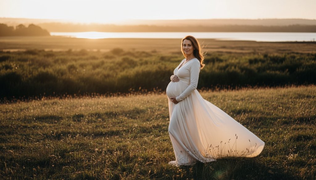 An breathtaking portrait of a radiant mother-to-be during a Newborough Victoria maternity photography outdoor golden hour session, bathed in warm, ethereal light at a scenic Newborough park, with dramatic backlighting highlighting her silhouette and the natural beauty of the landscape.