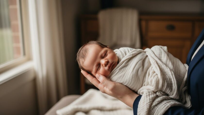 A heartwarming and epic moment captured in Newborough Victoria newborn photography, showing a tiny baby peacefully asleep, swaddled in soft cream fabric, nestled in a parent's arms, with warm, glowing natural light highlighting their delicate features, evoking pure love and serenity.