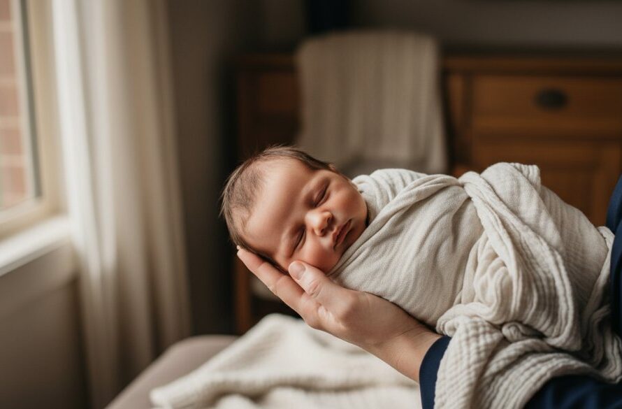 A heartwarming and epic moment captured in Newborough Victoria newborn photography, showing a tiny baby peacefully asleep, swaddled in soft cream fabric, nestled in a parent's arms, with warm, glowing natural light highlighting their delicate features, evoking pure love and serenity.