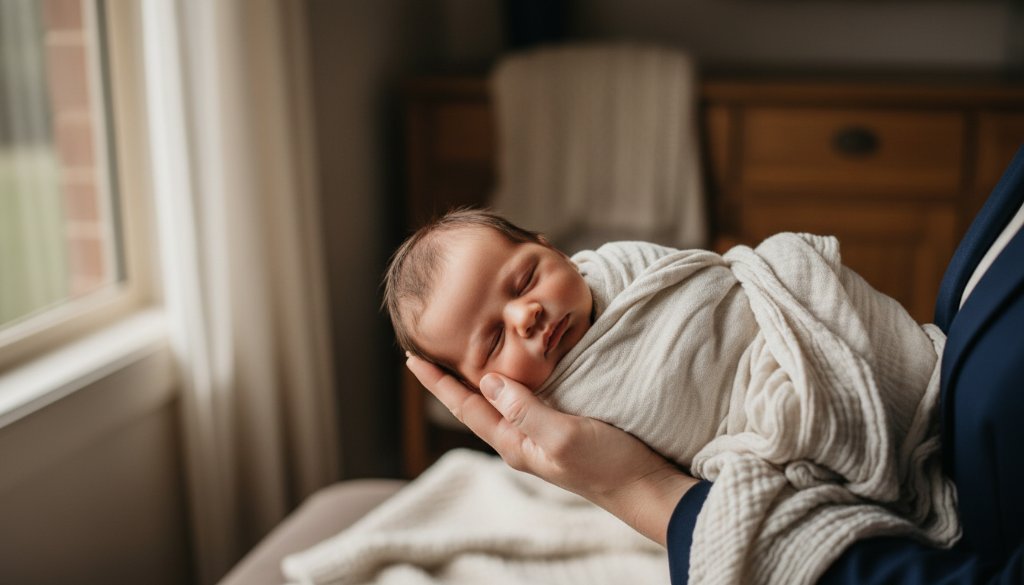 A heartwarming and epic moment captured in Newborough Victoria newborn photography, showing a tiny baby peacefully asleep, swaddled in soft cream fabric, nestled in a parent's arms, with warm, glowing natural light highlighting their delicate features, evoking pure love and serenity.