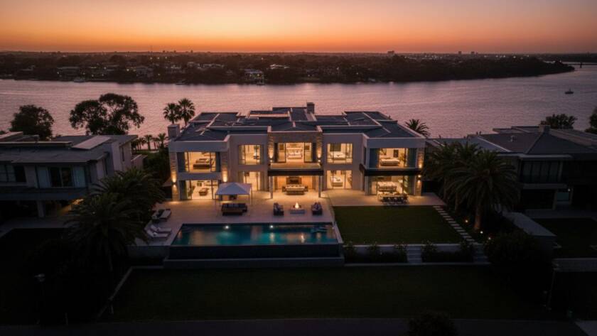 A stunning aerial view of a modern waterfront home in Newport, Victoria, captured at sunset, showcasing its spacious outdoor entertaining area and sparkling swimming pool, highlighting professional real estate photography in Newport against a golden sky.