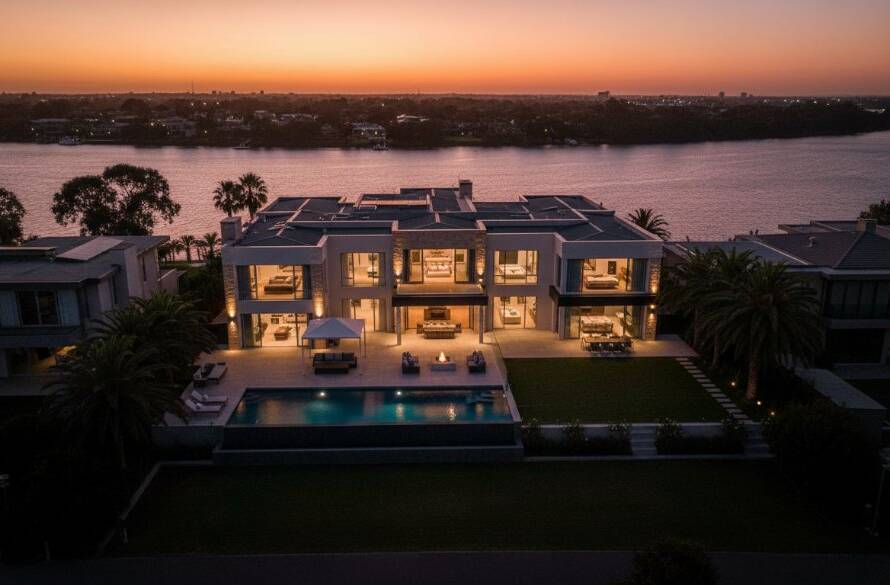 A stunning aerial view of a modern waterfront home in Newport, Victoria, captured at sunset, showcasing its spacious outdoor entertaining area and sparkling swimming pool, highlighting professional real estate photography in Newport against a golden sky.