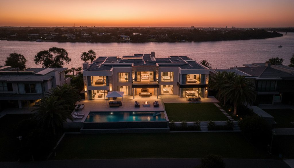 A stunning aerial view of a modern waterfront home in Newport, Victoria, captured at sunset, showcasing its spacious outdoor entertaining area and sparkling swimming pool, highlighting professional real estate photography in Newport against a golden sky.