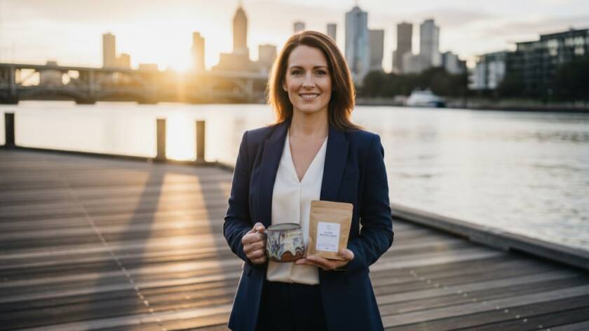 An epic, high-impact photograph showcasing Newport Victoria branding photography for local businesses, featuring a confident business owner amidst the vibrant Newport Quay, bathed in golden hour light, highlighting their product with a dynamic, cinematic feel.