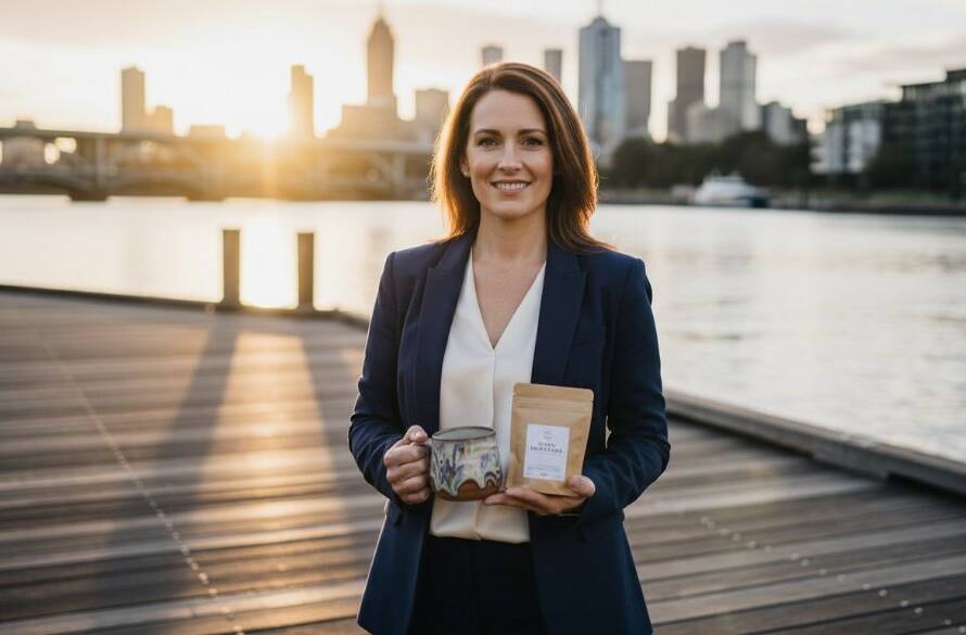 An epic, high-impact photograph showcasing Newport Victoria branding photography for local businesses, featuring a confident business owner amidst the vibrant Newport Quay, bathed in golden hour light, highlighting their product with a dynamic, cinematic feel.