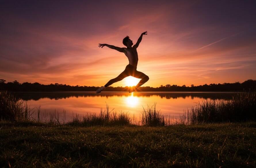 A male contemporary dancer mid-leap at sunset on the Newport Lakes Reserve boardwalk, showcasing Newport Victoria dynamic dance photography with dramatic silhouette and vibrant sky.