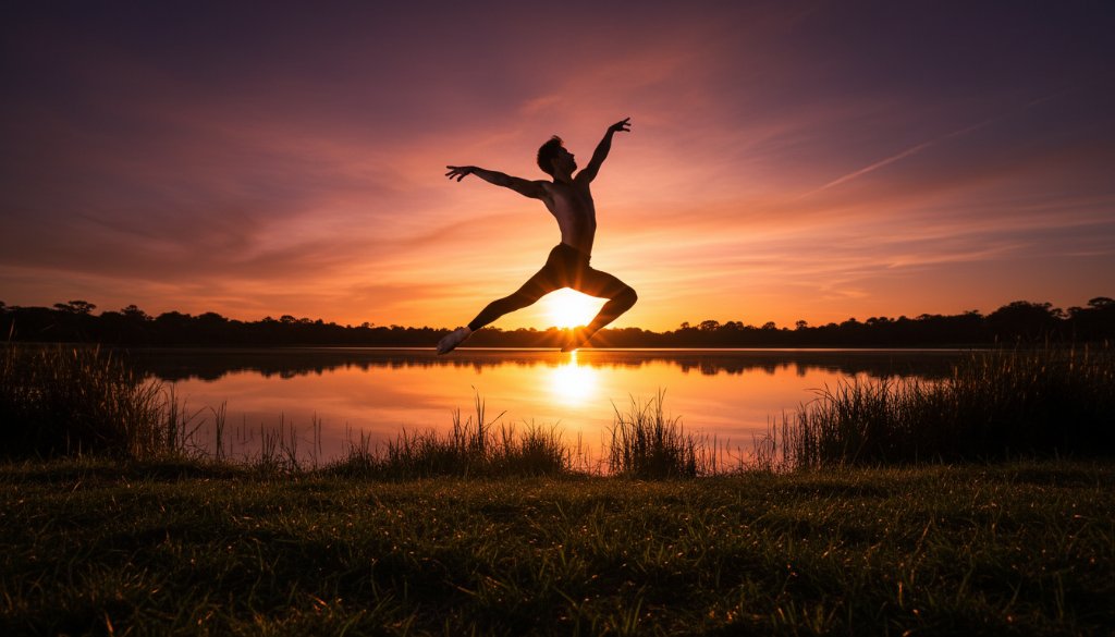 A male contemporary dancer mid-leap at sunset on the Newport Lakes Reserve boardwalk, showcasing Newport Victoria dynamic dance photography with dramatic silhouette and vibrant sky.
