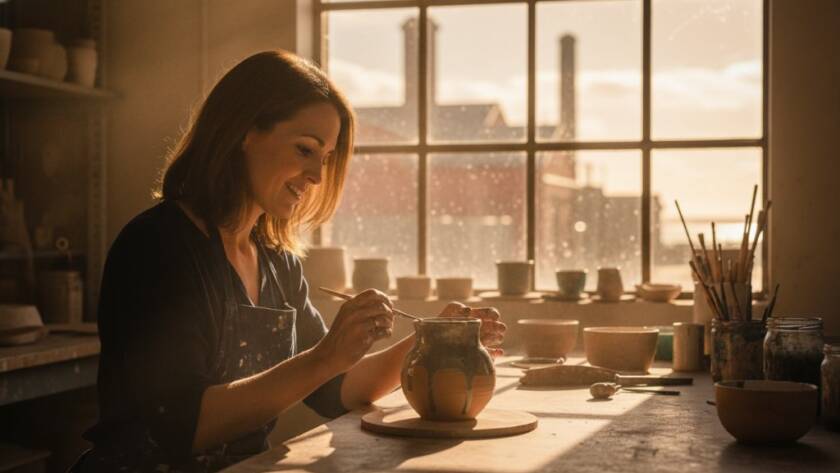 A dramatic, professionally colour-graded photograph showcasing the essence of Newport Victoria editorial photography capturing local stories, featuring a local artisan intently working in their sunlit workshop, with the industrial-chic backdrop of Newport, Victoria, creating an epic moment of craftsmanship and community.