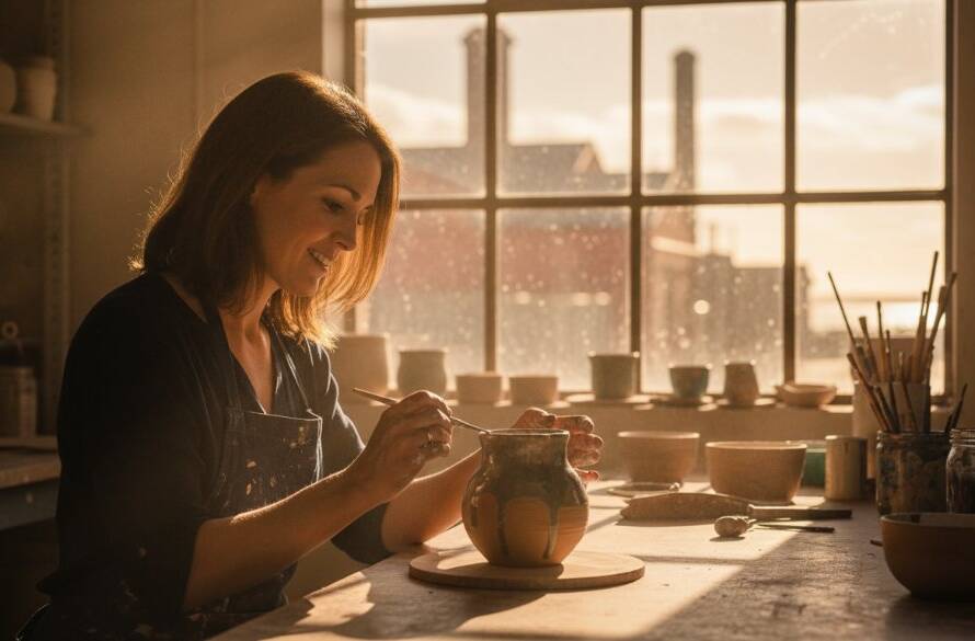 A dramatic, professionally colour-graded photograph showcasing the essence of Newport Victoria editorial photography capturing local stories, featuring a local artisan intently working in their sunlit workshop, with the industrial-chic backdrop of Newport, Victoria, creating an epic moment of craftsmanship and community.