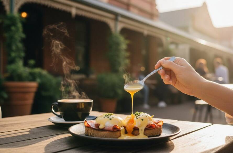 Newport Victoria food photography for cafes captures a dramatic overhead shot of a perfectly plated brunch dish, with steam rising delicately, on a sun-drenched cafe table in Newport, Victoria, showcasing a vibrant culinary scene.