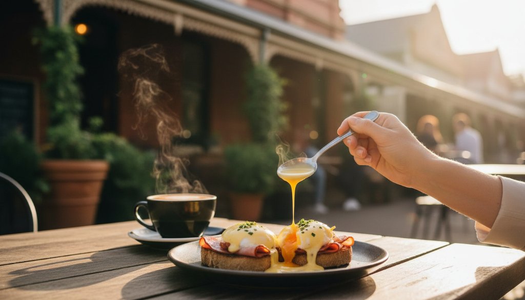 Newport Victoria food photography for cafes captures a dramatic overhead shot of a perfectly plated brunch dish, with steam rising delicately, on a sun-drenched cafe table in Newport, Victoria, showcasing a vibrant culinary scene.