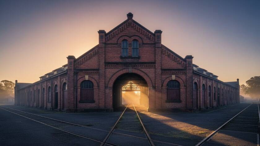 An epic golden hour shot capturing the intricate details of a historic building in Newport, Victoria, showcasing its grandeur for Newport Victoria heritage architecture photography, with dramatic shadows and warm light.