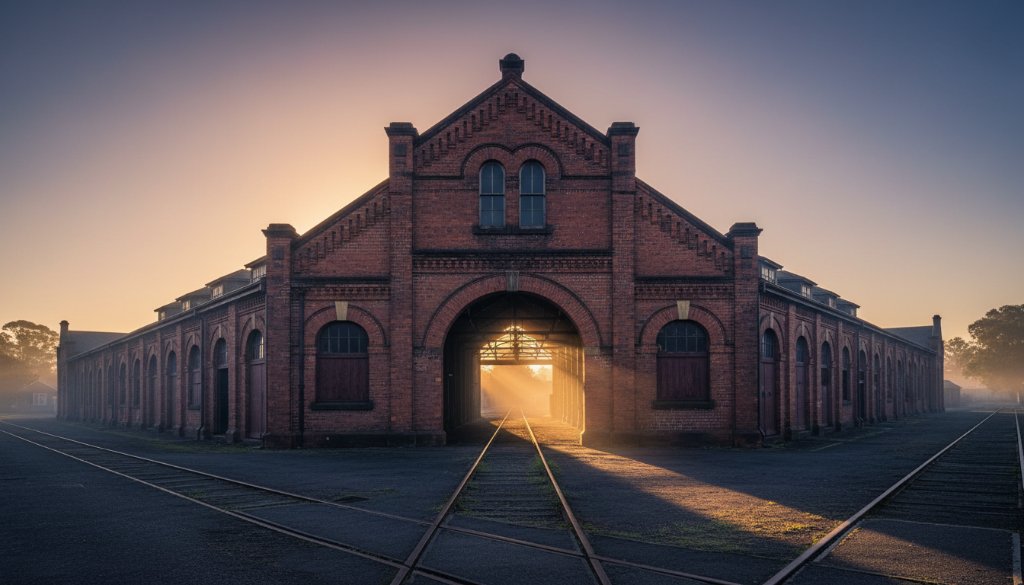 An epic golden hour shot capturing the intricate details of a historic building in Newport, Victoria, showcasing its grandeur for Newport Victoria heritage architecture photography, with dramatic shadows and warm light.