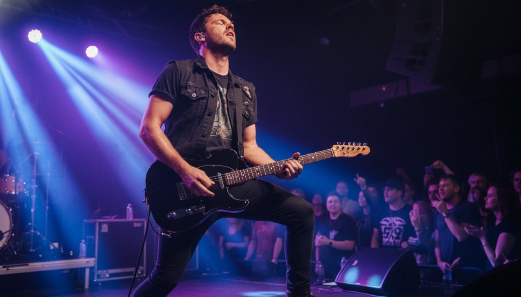 An epic moment of a lead singer bathed in dramatic purple and blue stage lights, guitar raised in triumph, capturing the raw energy and excitement of Newport Victoria Live Gig Photography Expertise.