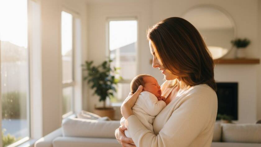 An intimate, heartwarming 'epic moment' photograph capturing a parent gently cradling their newborn baby in the soft, natural light of a Newport Victorian home, showcasing the tender bond in a beautiful newborn lifestyle photography Newport Victoria session.