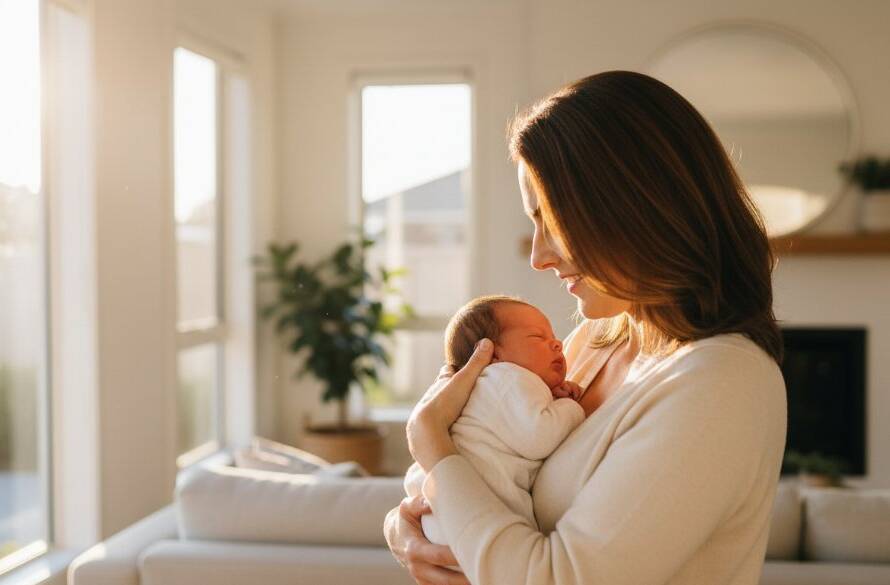 An intimate, heartwarming 'epic moment' photograph capturing a parent gently cradling their newborn baby in the soft, natural light of a Newport Victorian home, showcasing the tender bond in a beautiful newborn lifestyle photography Newport Victoria session.