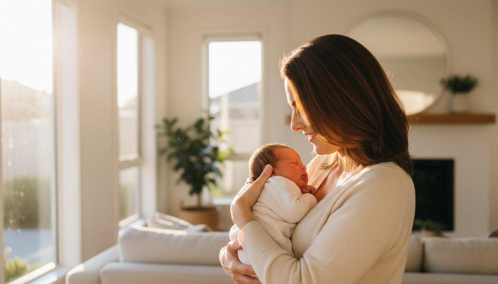 An intimate, heartwarming 'epic moment' photograph capturing a parent gently cradling their newborn baby in the soft, natural light of a Newport Victorian home, showcasing the tender bond in a beautiful newborn lifestyle photography Newport Victoria session.