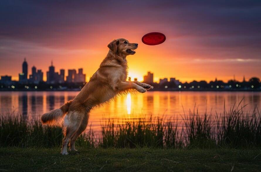 An epic moment captured in Newport Victoria Pet Photography Capturing Joyful Dog Portraits: a golden retriever mid-leap, silhouetted against a dramatic sunset over the Maribyrnong River, its fur glowing, joy visible on its face as it chases a ball, professionally colour-graded.