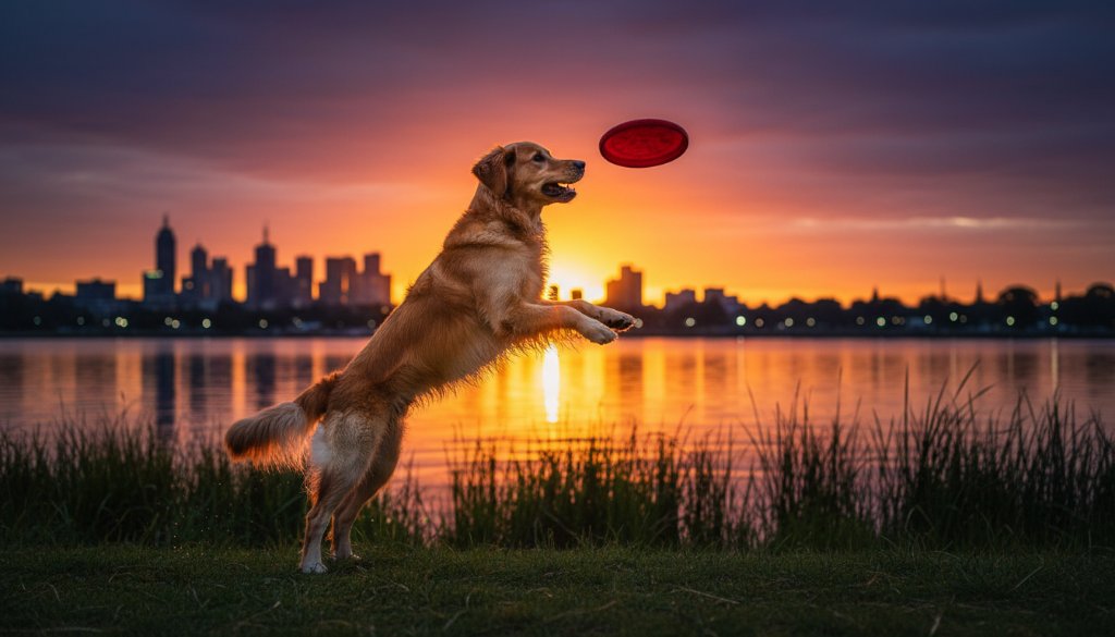 An epic moment captured in Newport Victoria Pet Photography Capturing Joyful Dog Portraits: a golden retriever mid-leap, silhouetted against a dramatic sunset over the Maribyrnong River, its fur glowing, joy visible on its face as it chases a ball, professionally colour-graded.