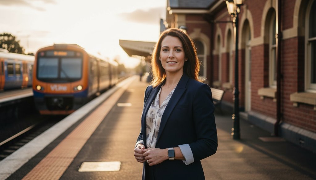 A dynamic, cinematic portrait of a confident business professional on the Newport foreshore at sunset, featuring the stunning harbour in the background, captured as a Newport Victoria professional corporate headshot with dramatic, golden hour lighting.