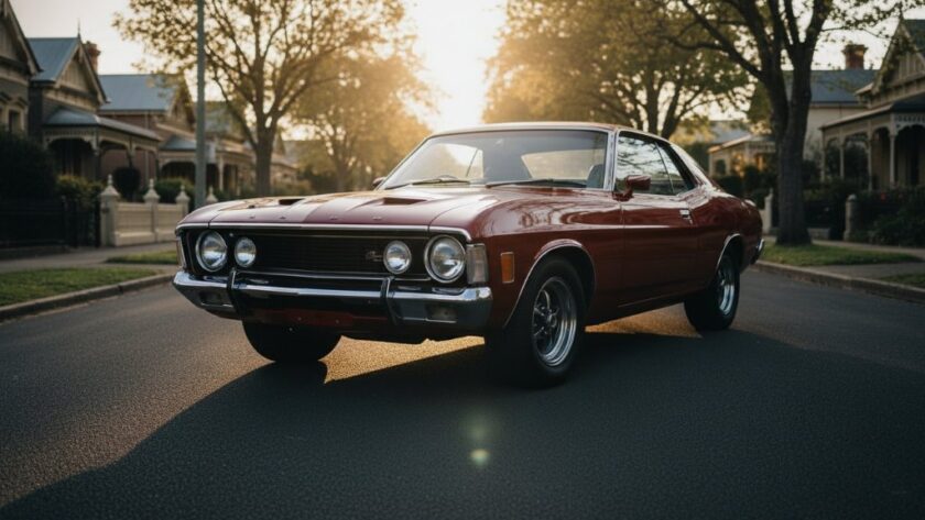 Dramatic shot of a gleaming vintage Australian muscle car, red paint reflecting the golden hour sun, parked on a historic street in Newtown, Victoria, capturing the essence of Newtown Victoria classic car photography.