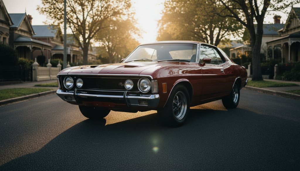 Dramatic shot of a gleaming vintage Australian muscle car, red paint reflecting the golden hour sun, parked on a historic street in Newtown, Victoria, capturing the essence of Newtown Victoria classic car photography.