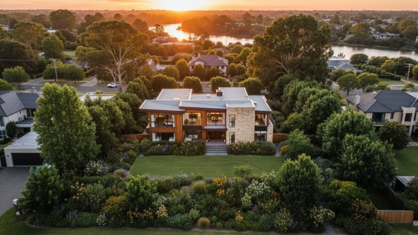 An epic moment captured by Newtown Victoria drone photography for real estate elevation, showcasing a luxurious modern home bathed in golden hour light, with the Barwon River meandering in the background and vibrant, lush gardens in the foreground, professional colour grading.
