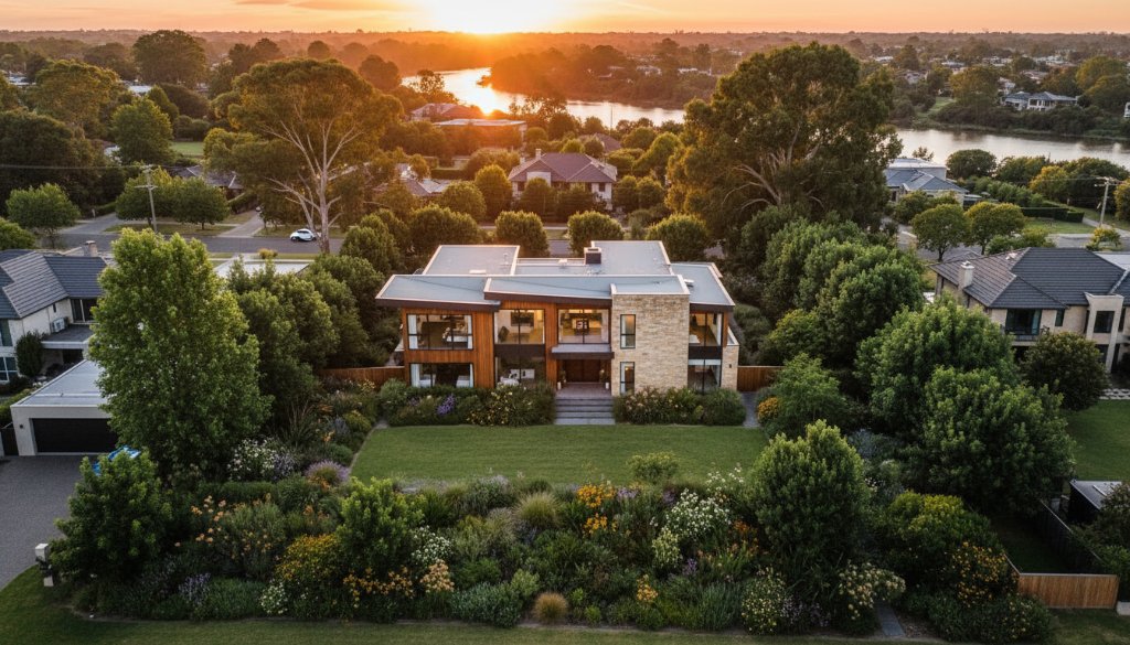An epic moment captured by Newtown Victoria drone photography for real estate elevation, showcasing a luxurious modern home bathed in golden hour light, with the Barwon River meandering in the background and vibrant, lush gardens in the foreground, professional colour grading.