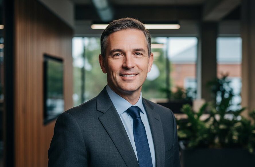 Dynamic professional portrait of a smiling executive, capturing their personality, in a modern office setting in Newtown, Victoria, with sophisticated lighting and a contemporary backdrop.