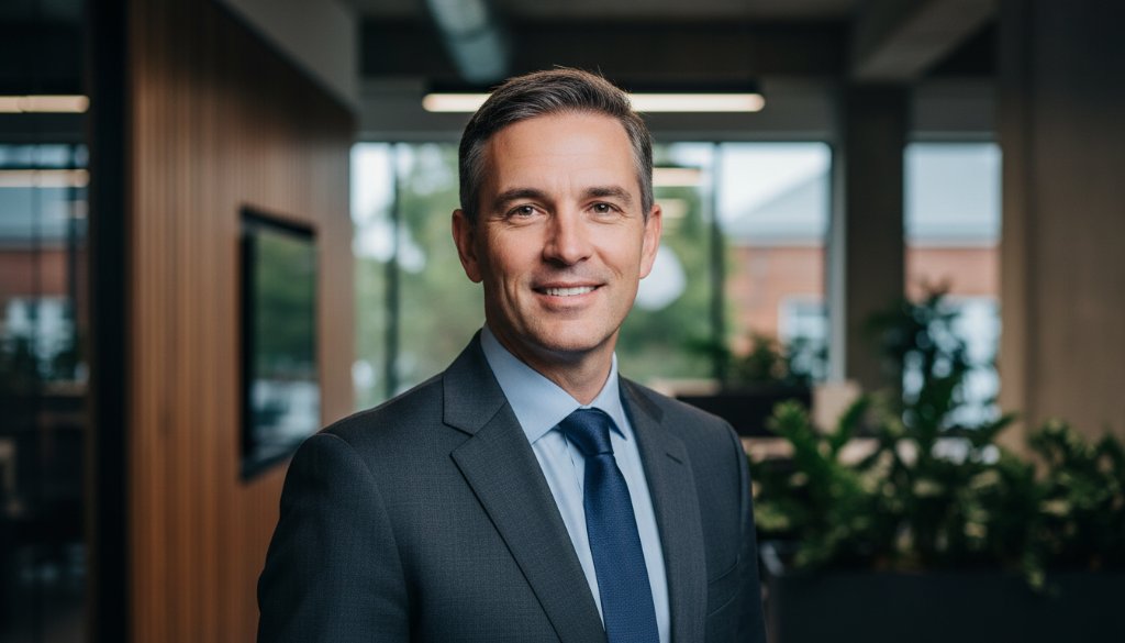 Dynamic professional portrait of a smiling executive, capturing their personality, in a modern office setting in Newtown, Victoria, with sophisticated lighting and a contemporary backdrop.