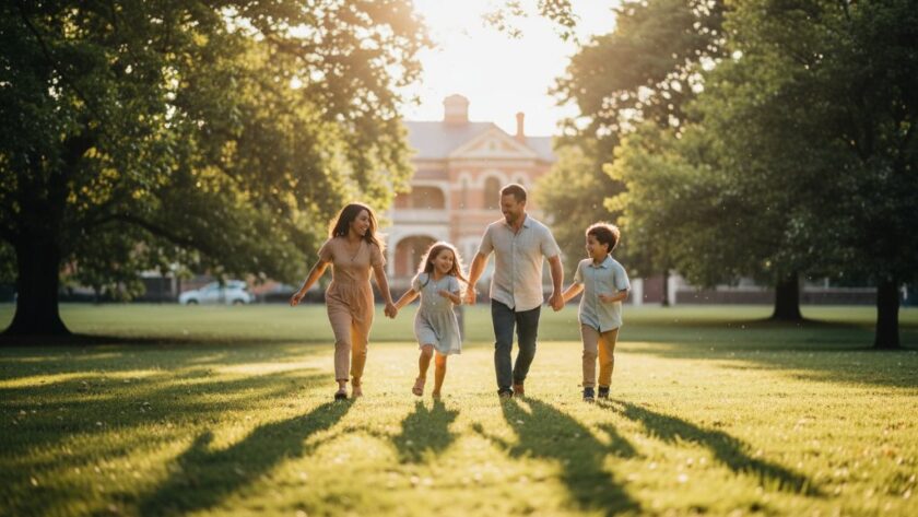 Newtown Victoria family photography authentic moments captured in a beautiful, warm, golden hour shot of a family laughing joyfully, silhouetted against a setting sun in a park, embodying love and connection.