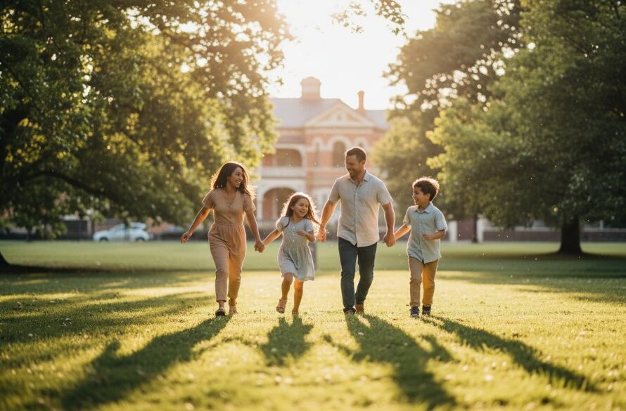 Newtown Victoria family photography authentic moments captured in a beautiful, warm, golden hour shot of a family laughing joyfully, silhouetted against a setting sun in a park, embodying love and connection.