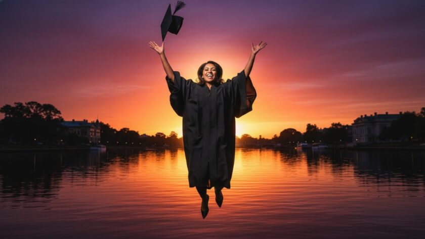 A triumphant graduate in academic regalia, arms raised in pure elation, silhouetted against a golden sunset over the Geelong Waterfront, showcasing professional Newtown Victoria graduation photography experiences.